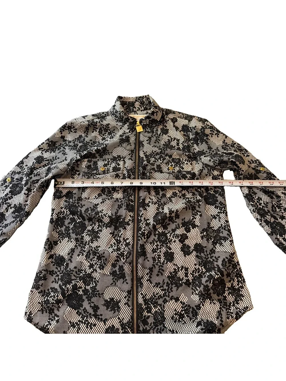 Michael Kors Black Floral Long Sleeve Zipper Shirt w/ Gold Hardware Size XS EUC